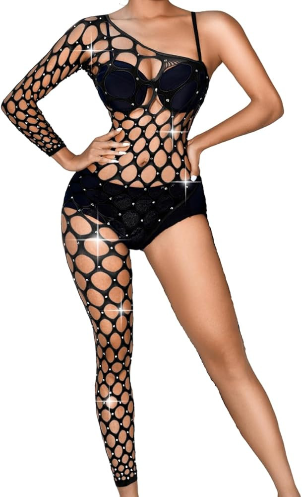 Kaei&Shi Rhinestone Fishnet Bodysuit,One Shoulder Sheer Mesh Jumpsuit,Exotic Dancewear,Sexy Glitt... | Amazon (US)