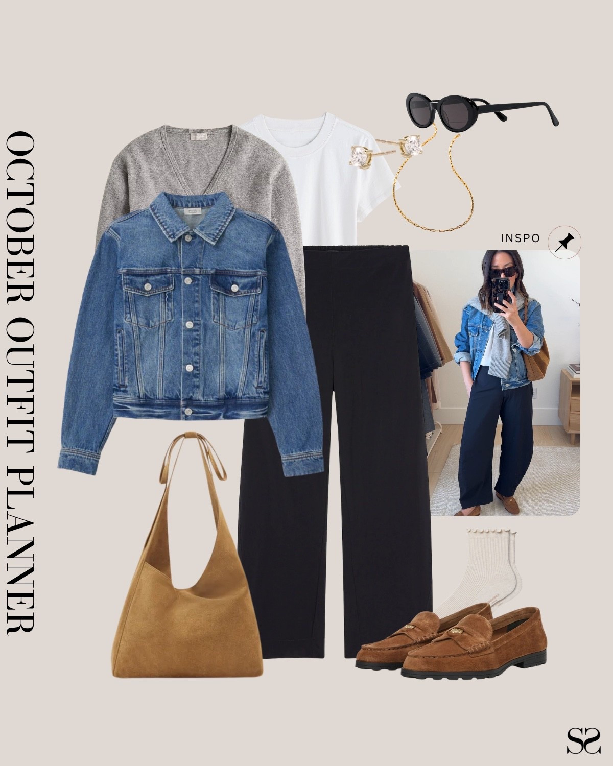Monthly outfit planner NOVEMBER: Fall outfits | trouser pant, denim jacket, grey sweater, suede loafers, suede tote 

#falloutfit #classicstyle #casualstyle #holidayoutfit #LTKstyletip

Image inspo credit: @crystalinmarie 

#LTKootd #LTKSeasonal