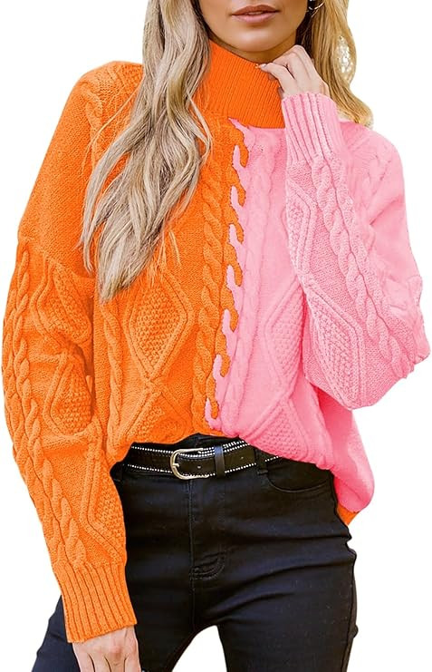 Pink Queen Women's Chunky Sweaters 2025 Fall Winter Long Sleeve Mock Neck Cable Knit Colorblock P... | Amazon (US)