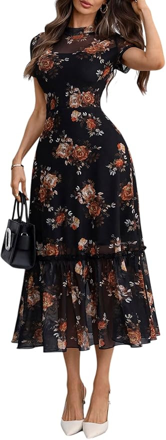 GothDark Women's Summer Floral Mesh Ruffle Casual Maxi Wedding Guest Dress | Amazon (US)
