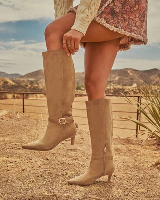 Dina Faux Suede Knee High Buckle Boots Khaki / 6 | VICI