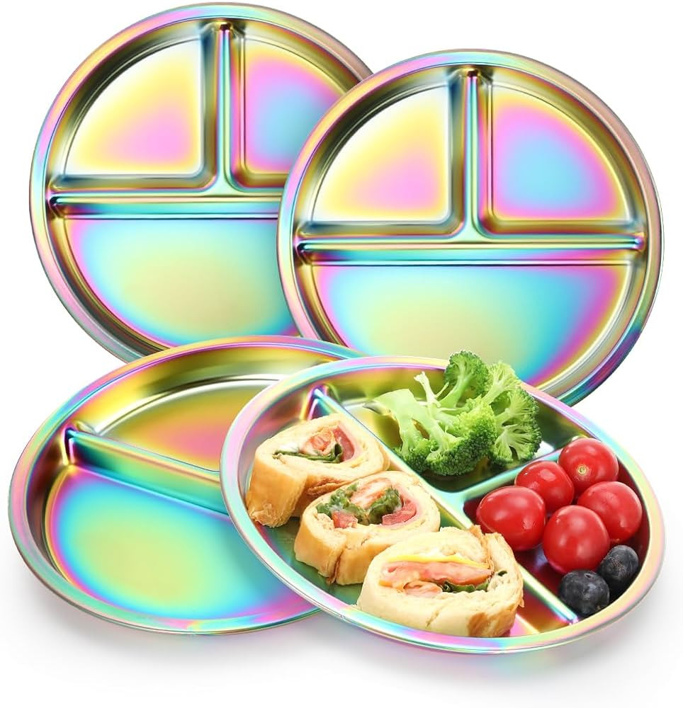 AIEVE Stainless Steel Kids Plates, 4 Pack Round Divided Toddler Plates, Portion Control Plate 8 I... | Amazon (US)