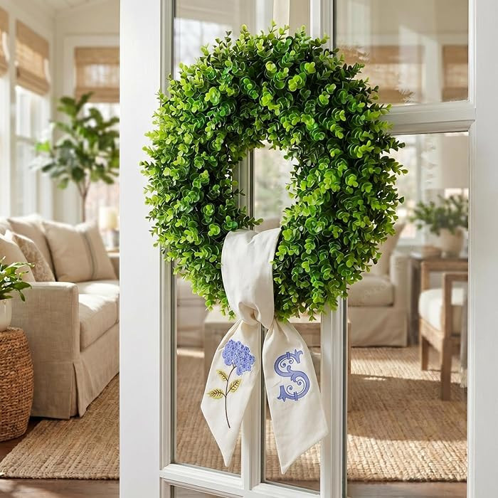 Boxwood Wreath for Front Door Spring Summer Wreaths Farmhouse Hanger,Last Name Initial Year Round... | Amazon (US)