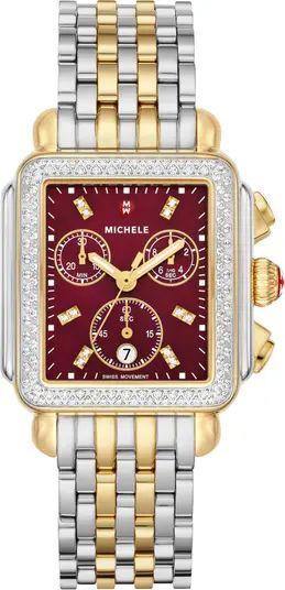 MICHELE Deco Diamond Two-Tone 18K Gold Plate Bracelet Watch, 33mm x 35mm | Nordstrom | Nordstrom