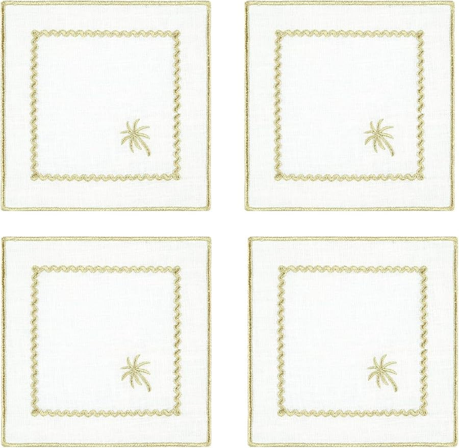 100% Pure Linen Embroidered Cocktail Napkin Set of 4 - “ White Palm Charm”, Handcrafted, Prem... | Amazon (US)