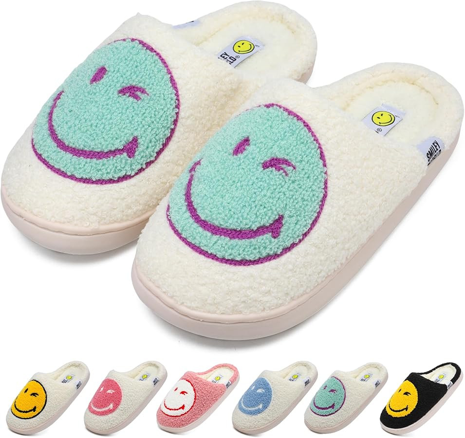 Smile Face Slippers for Womens Mens Soft Plush House Slippers Retro Happy Slip-On Slides Winter W... | Amazon (US)
