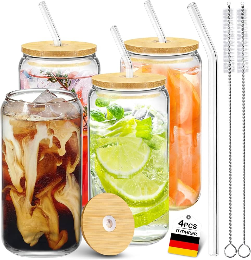 DYDHRER Lot De 4 Verre Avec Couvercle, 500ml Réutilisables Verre Canette et Paille, Verre Avec P... | Amazon (FR)