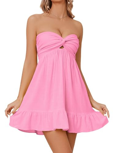 Womens Strapless Mini Dress Twist Knot Bandeau Tube Dress Smocked Backless Babydoll Ruffle Beach ... | Amazon (US)