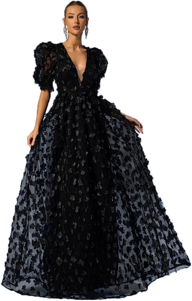 Women's Floral Tulle A Line Puffy Sleeve Prom Dresses Elegant V Neck Formal Evening Party Gowns | Amazon (US)
