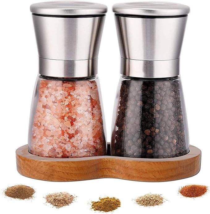 LessMo Salt and Pepper Mills with Beech Stand- Set of Grinders with Adjustable Coarseness - Brush... | Amazon (US)