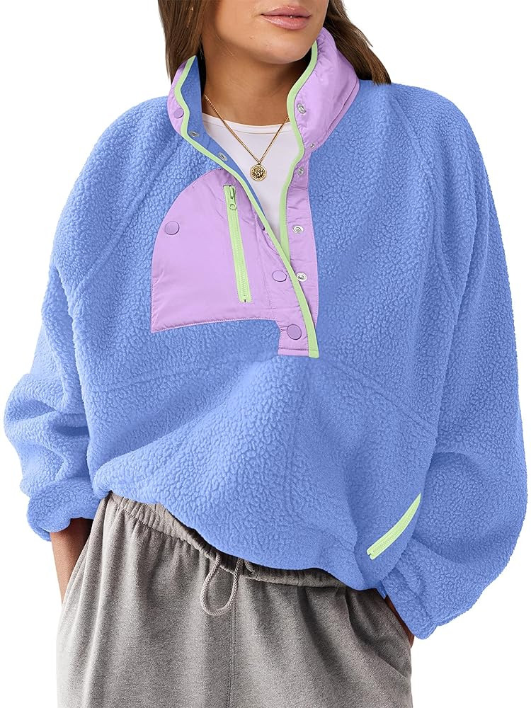 ANRABESS Women Fuzzy Fleece Pullover Sherpa Sweatshirt Long Sleeve Button Down Warm Soft Loose Sw... | Amazon (US)