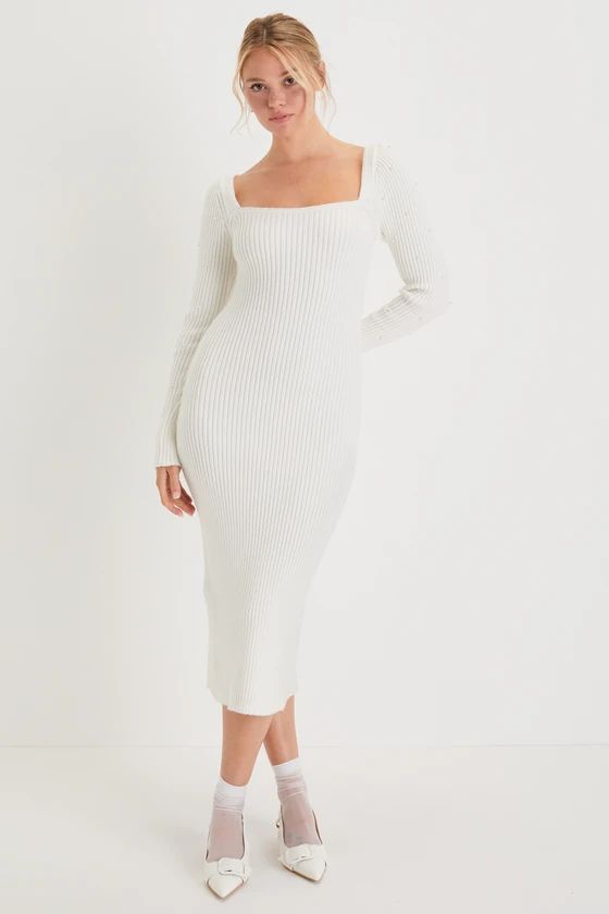 Gleaming Babe White Ribbed Knit Pearl Midi Sweater Dress | Lulus (US)