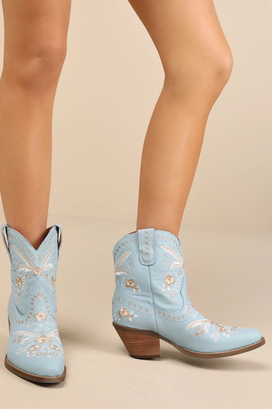 Primrose Blue Multi Embroidered Ankle-High Western Booties | Lulus