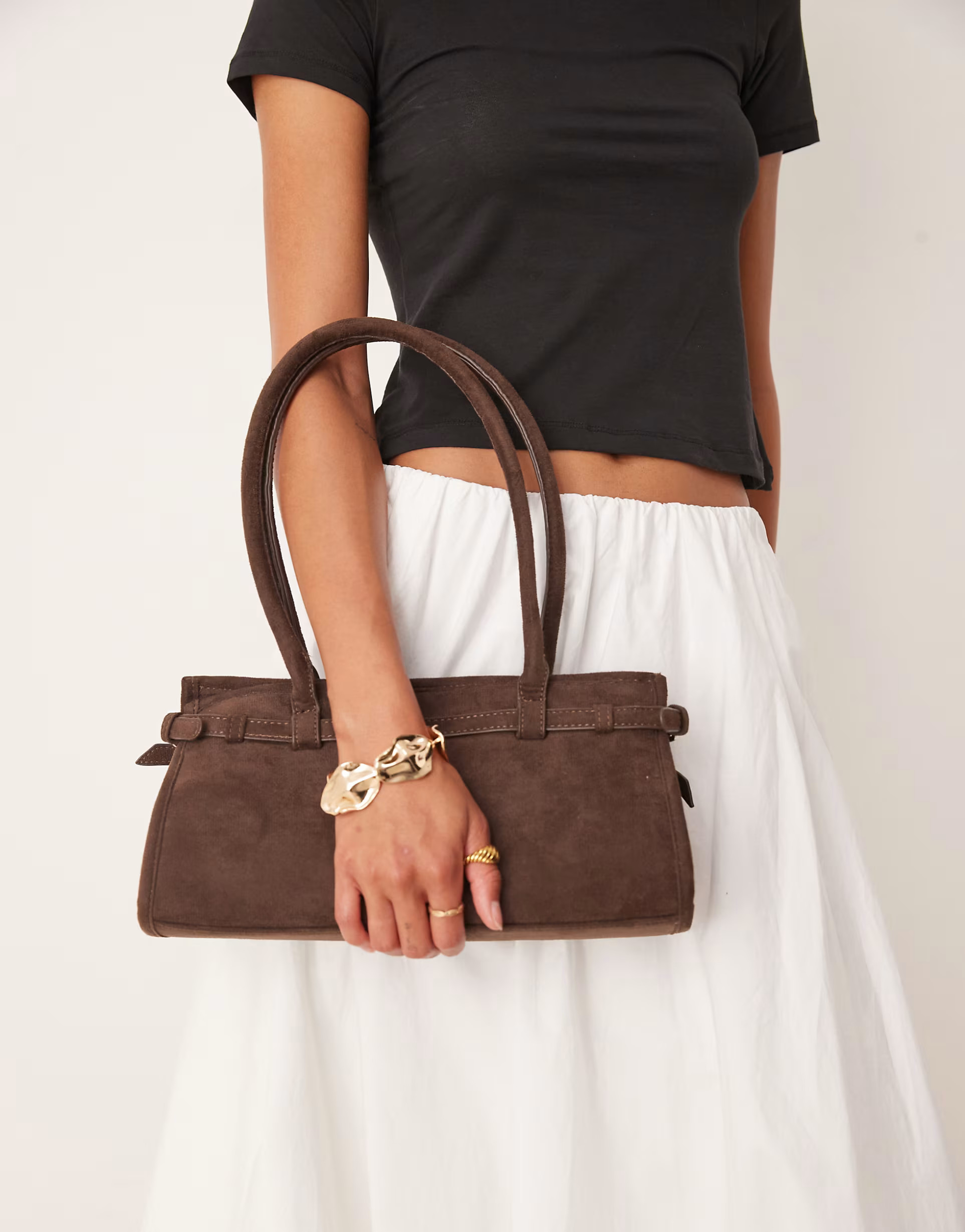 Gina Tricot faux suede buckle bowling shoulder bag with long handles in dark brown | ASOS | ASOS (Global)