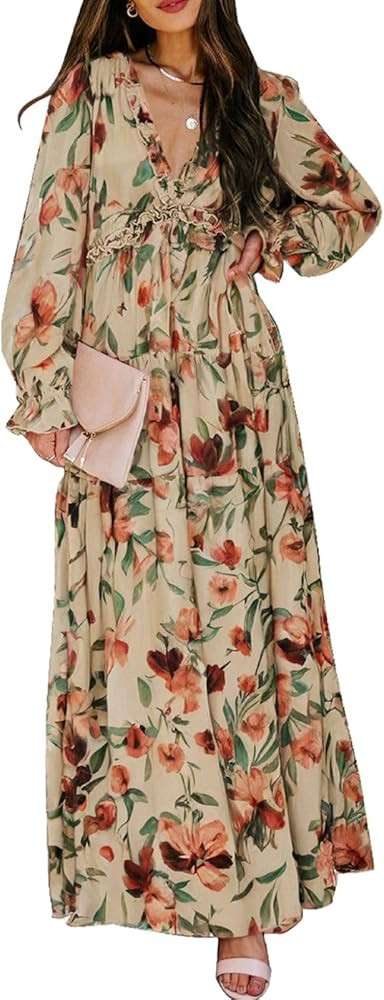 BLENCOT Womens Casual Boho Deep V Neck Short Sleeve Long Dress | Amazon (US)