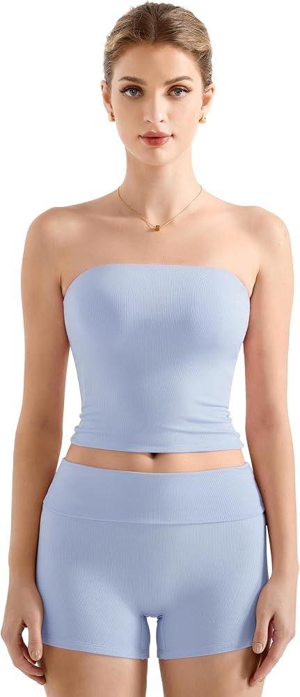 SUUKSESS Women 2 Piece Modal Workout Sets Double Lined Tube Top Lounge Sets Foldover Going Out St... | Amazon (US)