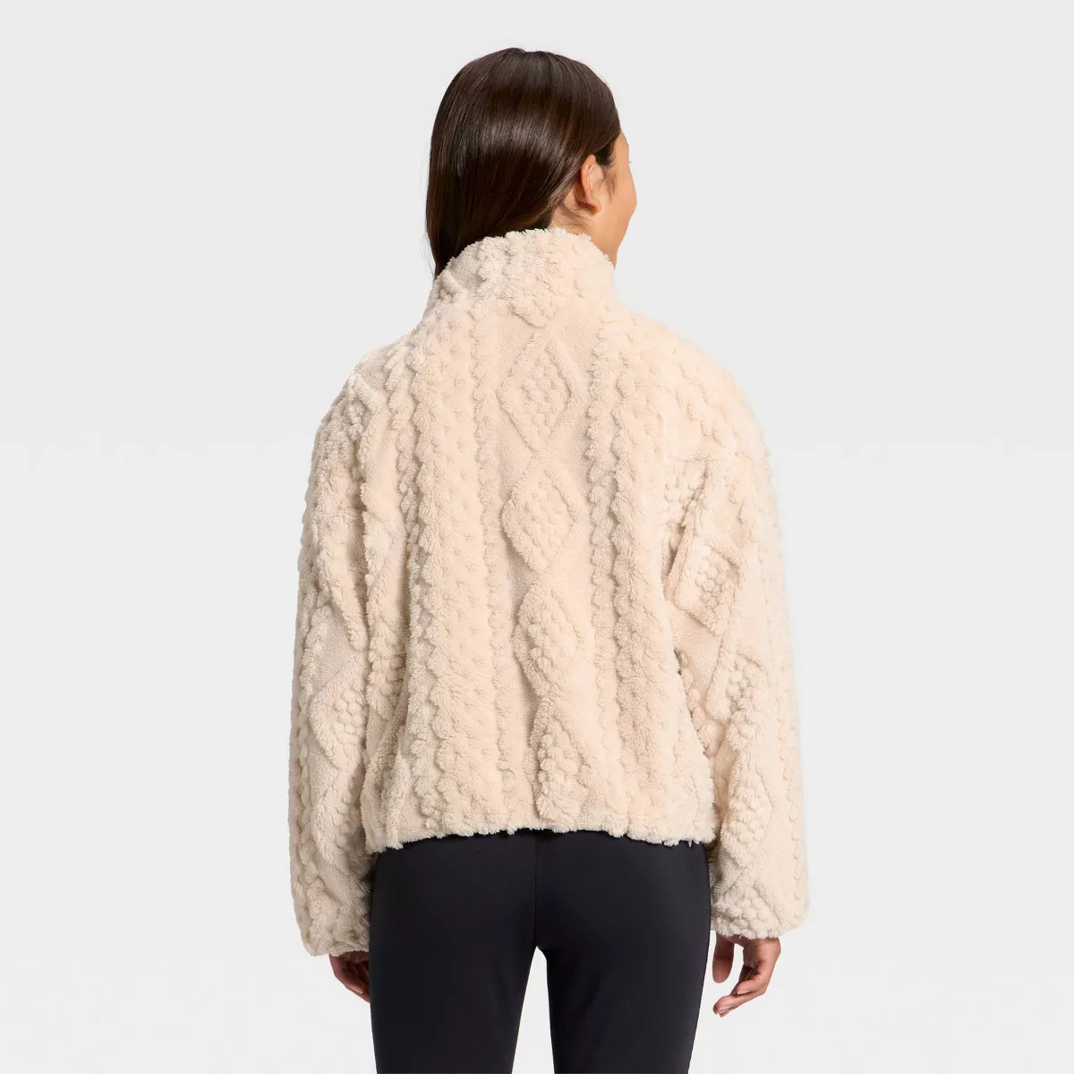 Girls' High Pile Cable Texture Full Zip Jacket - All In Motion™ Cream M | Target