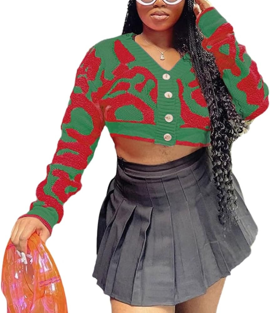 Womens Cute Button Up Cardigans Long Sleeve Open Front Cable Knit Color Block Short Cardigans Swe... | Amazon (US)