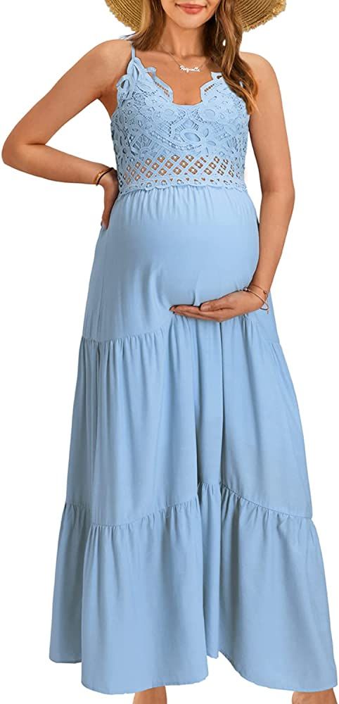OUGES Womens' Maternity Maxi Dress Spaghetti Strap Baby Shower Pregnancy Dresses for Photoshoot | Amazon (US)