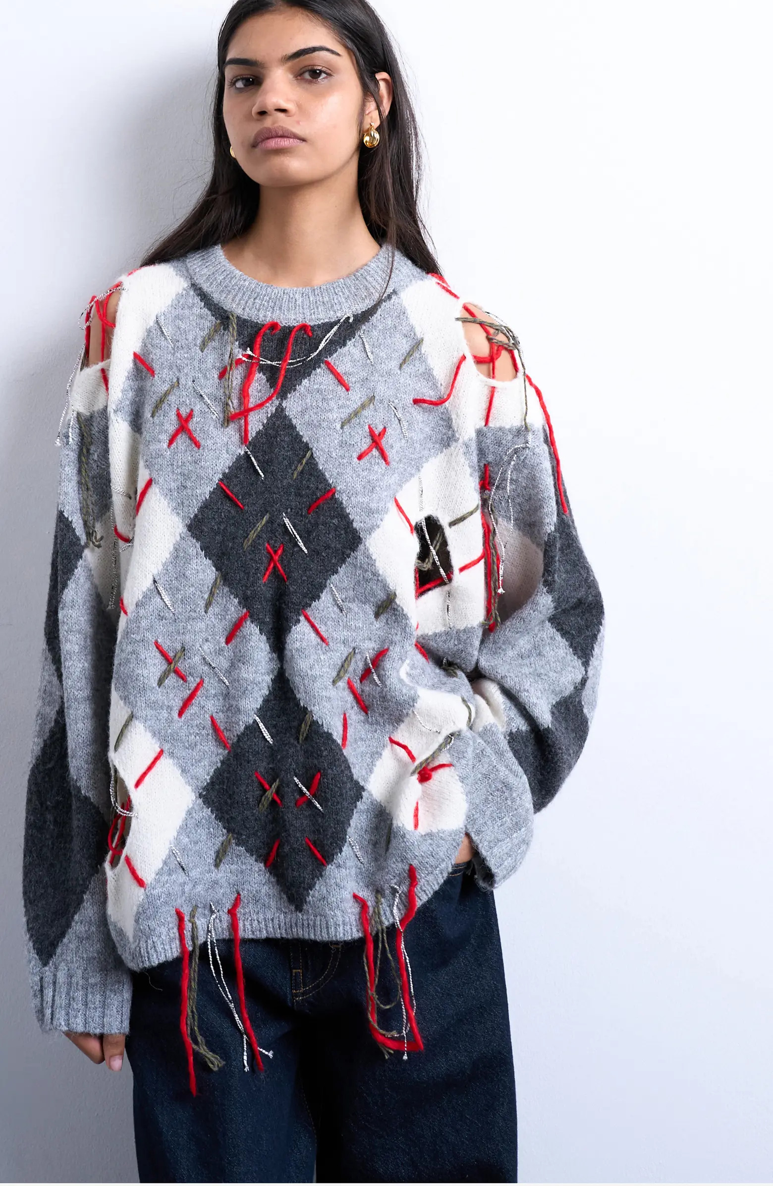 Oversize Distressed Argyle Stitch Sweater | Nordstrom