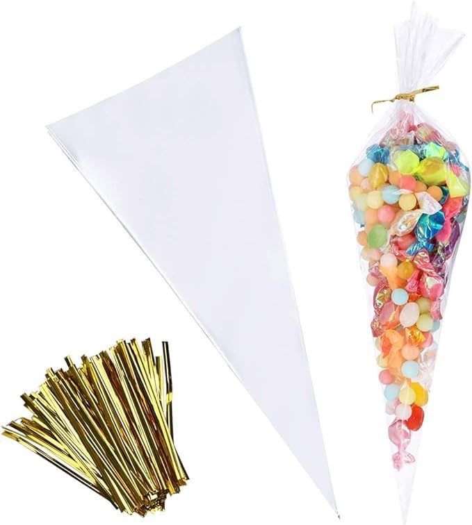 Cone Bag 100 PCS Clear Cello Treat Bags Popcorn Bags 7 by 15 Inch Triangle Goody Bags with Twist ... | Amazon (US)