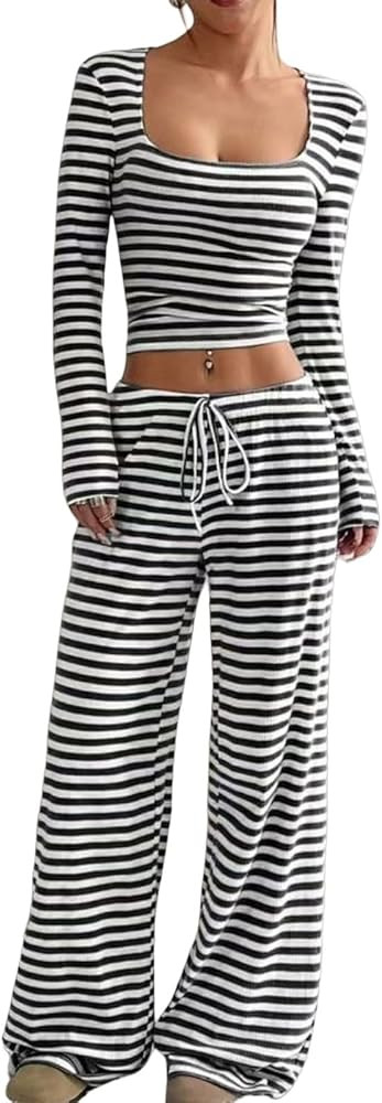 Womens Striped 2 Piece Sets Square Neck Top Cropped Tunic Wide Leg Pants Casual Lounge Sweatsuits... | Amazon (US)