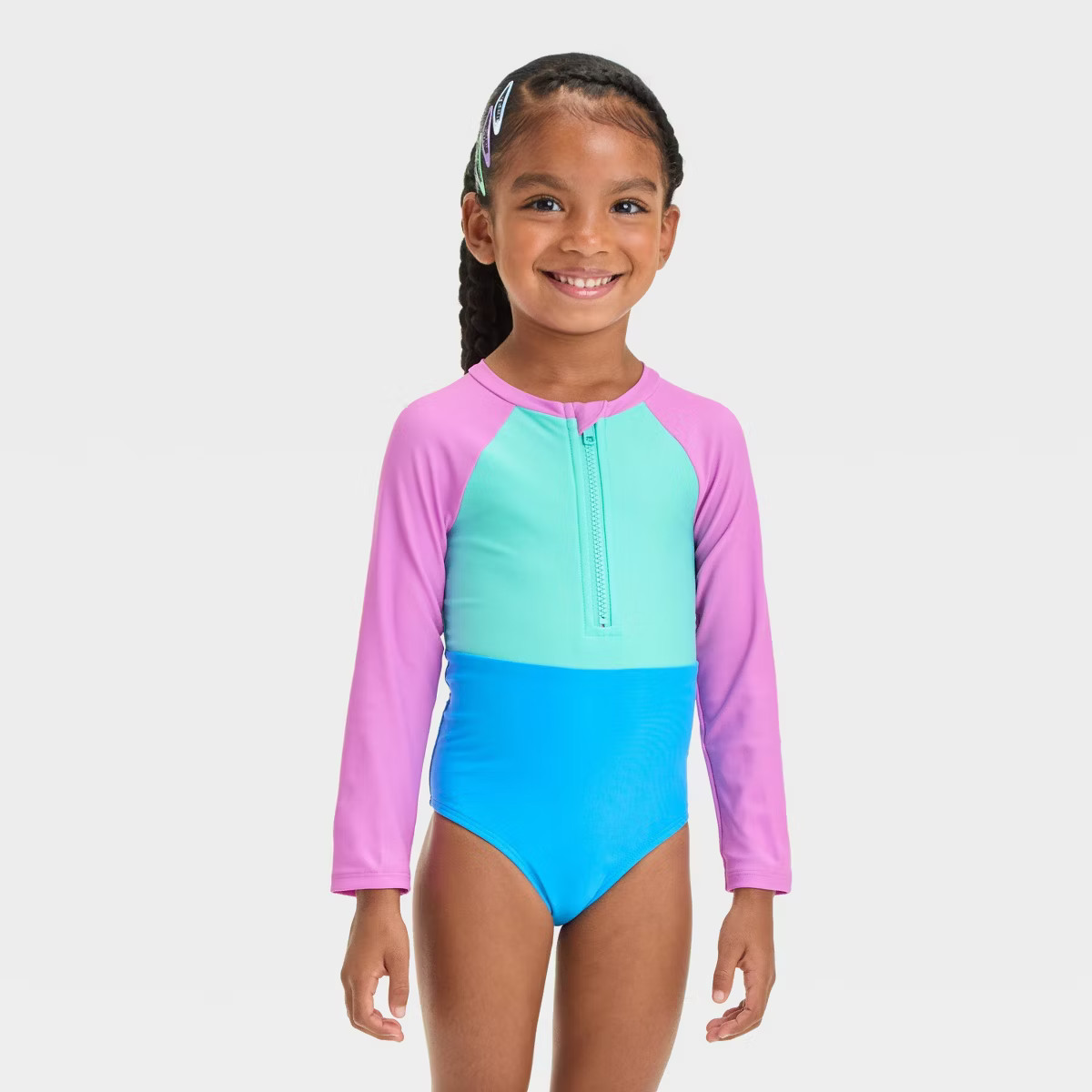 Toddler Girls' Long Sleeve Solid Colorblock One Piece Swimsuit - Cat & Jack™ | Target