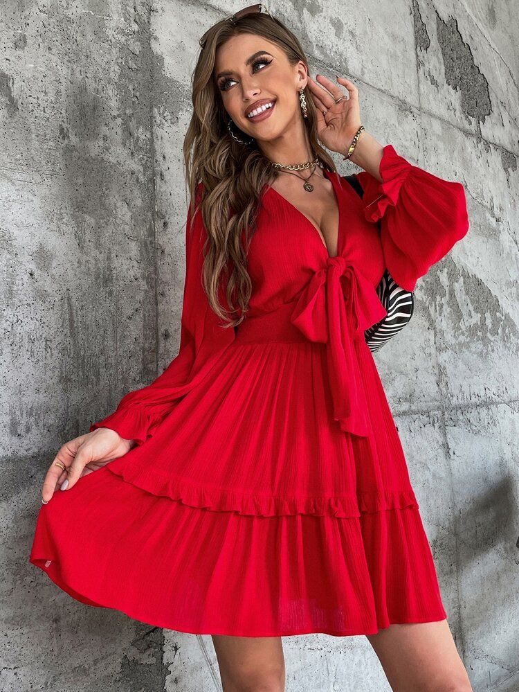 Knot Bust Ruffle Hem Flounce Sleeve Dress | SHEIN