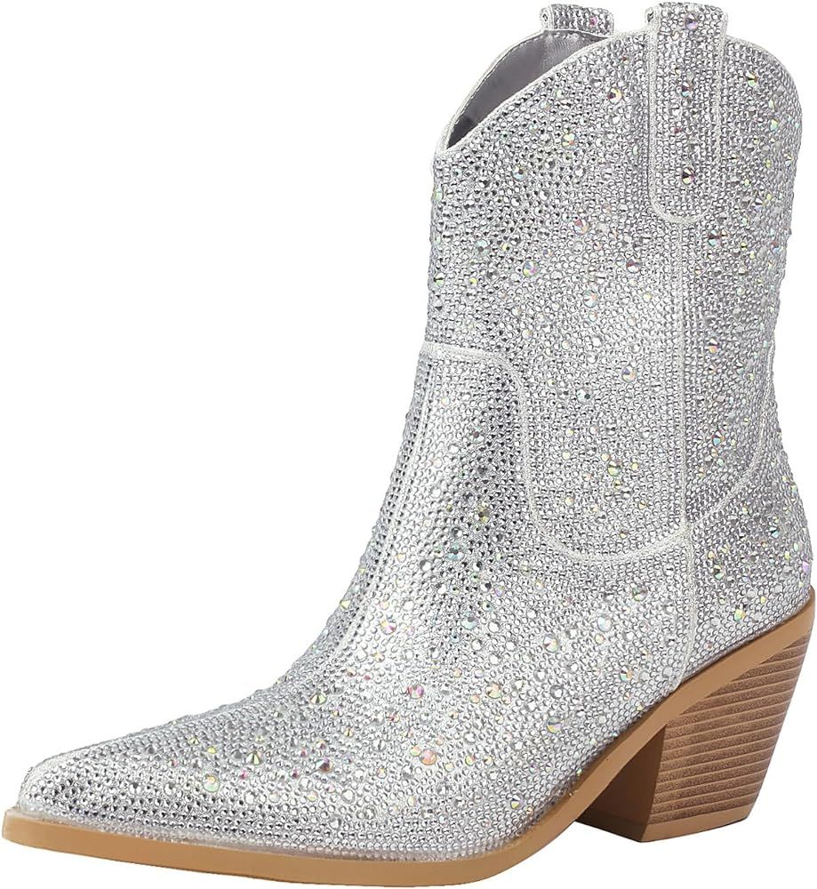 vivianly Rhinestone Cowboy Boots for Women Western Ankle Glitter Booties Cowgirl Boots, Women's M... | Amazon (US)