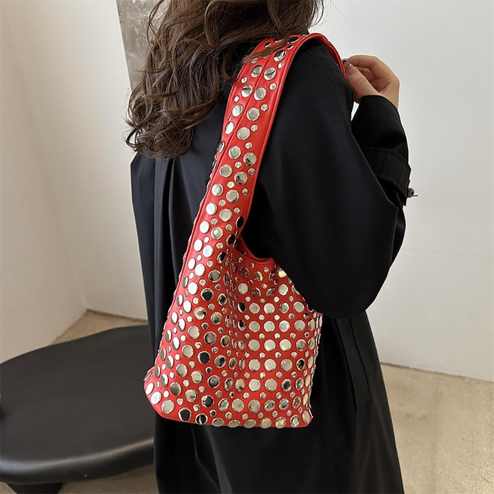 Women's Studded Shoulder Bag Y2k 90s Punk Underarm Purse Soft PU Leather Hobo Handbag | Amazon (US)