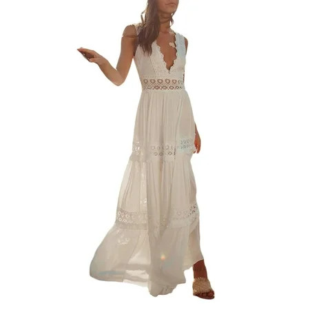 Liacowi Inevnen Women s Beach Crochet Lace Maxi Dress Solid Color Summer Deep V Neck Long Dress | Walmart (US)