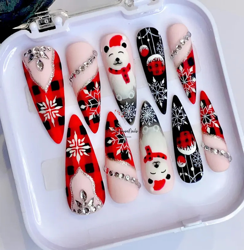 Warm Christmas Long Stiletto Nail Set, Cute Bear Press on Nails, Christmas Theme Fake/ False Nail... | Etsy (US)
