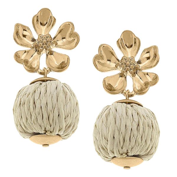 Lilah Flower Stud with Raffia Ball Earrings in Natural | CANVAS