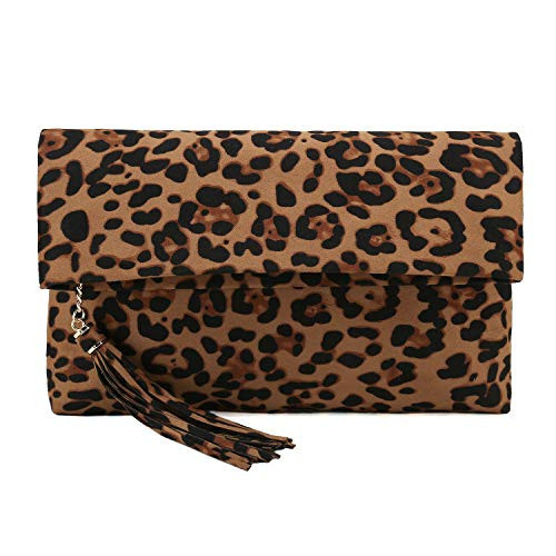CHARMING TAILOR Leopard Clutch Bag for Women Tassel Foldover Clutch Faux Suede Dressy Purse for Day to Evening (Brown) | Amazon (US)