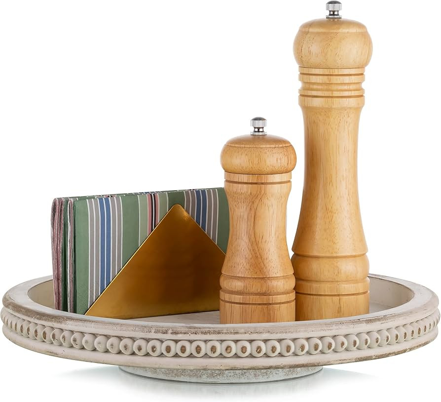 Lazy Susan Organizer Wooden Turntable: Hanobe White Round Wood Trays for Decorative Kitchen Count... | Amazon (US)