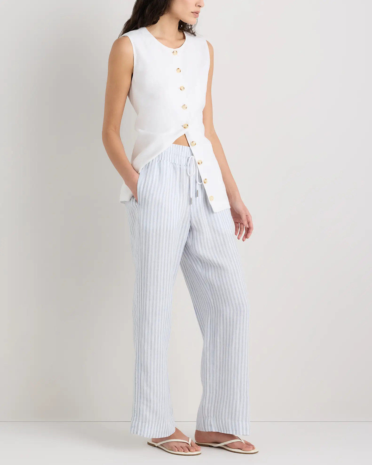100% European Linen Wide Leg Pants in Sky Blue Mariner Stripe | Quince