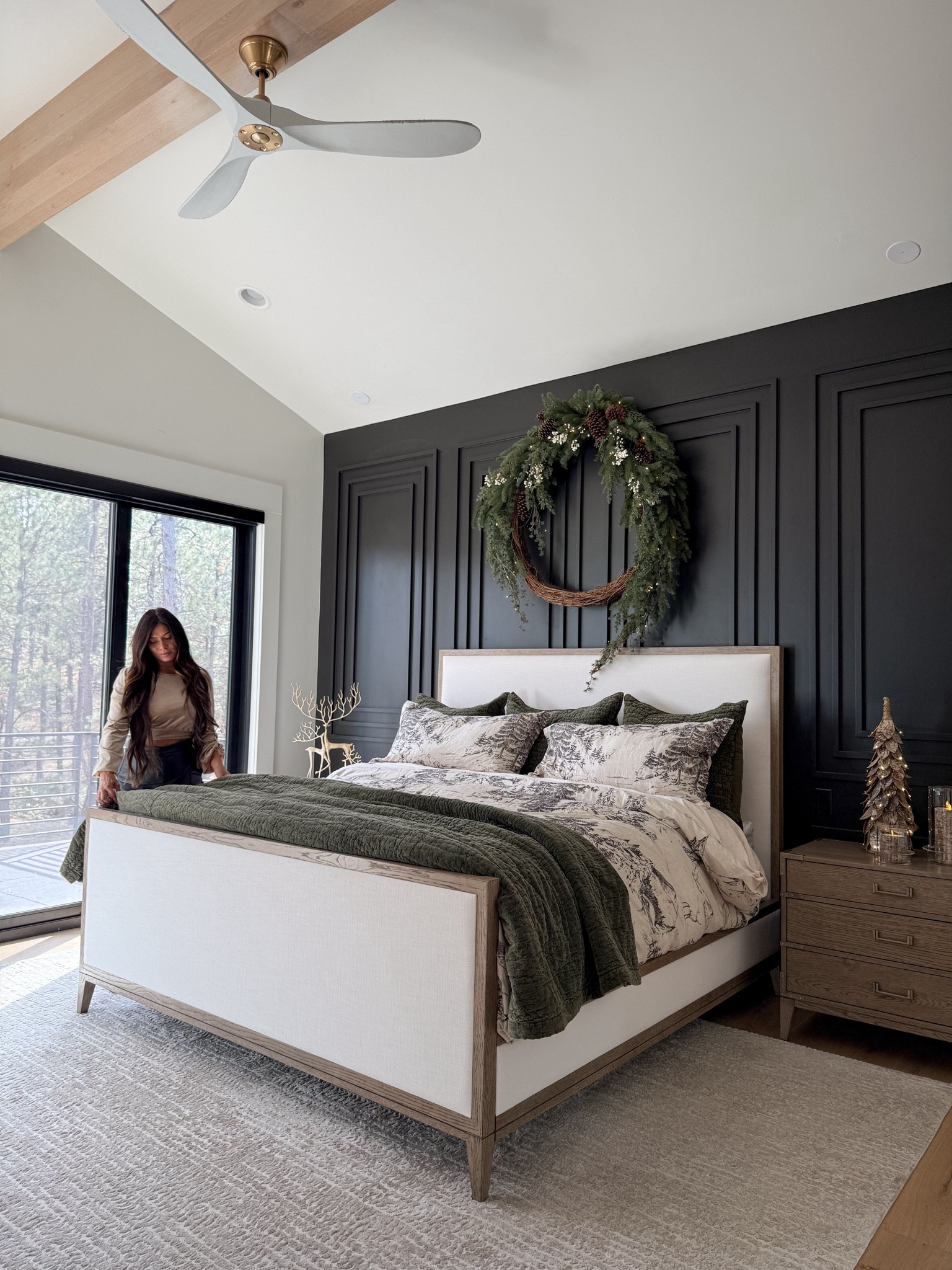 Christmas details in the primary bedroom. This wreath is massive and looks so good with the winter themed bedding. The crushed velvet accents are in the color Loden.

#LTKHoliday #LTKHome #LTKSeasonal