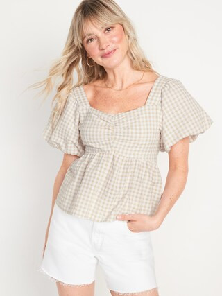 Puff-Sleeve Smocked Seersucker Babydoll Swing Blouse | Old Navy (CA)