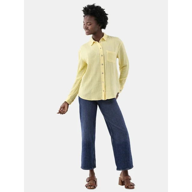 Time and Tru Women's Double Cloth Cotton Shirt, Sizes S-XXXL - Walmart.com | Walmart (US)