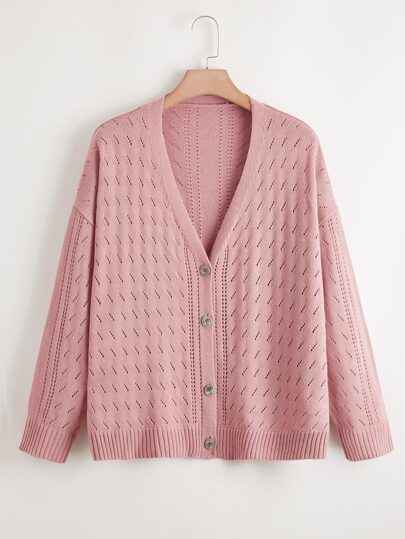 SHEIN Plus Pointelle Knit Solid Cardigan | SHEIN