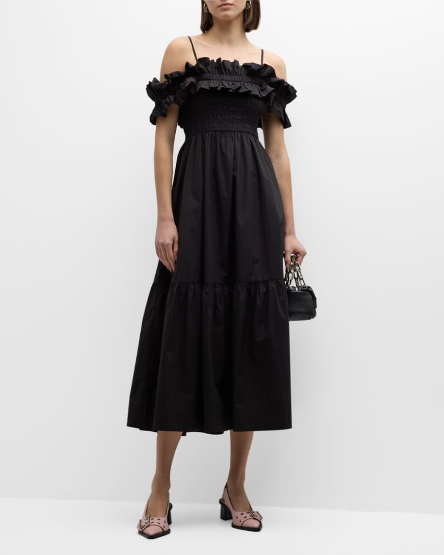 Ganni Smocked A-Line Cotton Poplin Midi Dress | Neiman Marcus