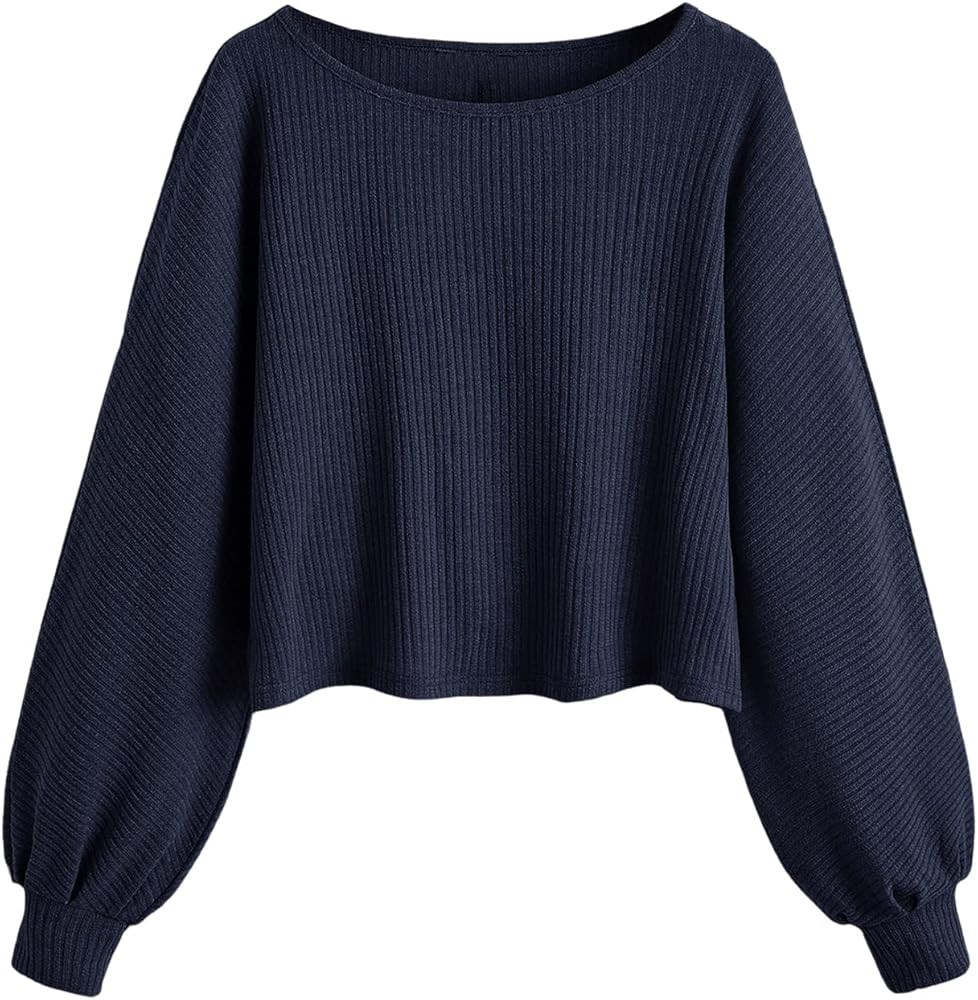 SweatyRocks Women's Casual Solid Ribbed Knit Raglan Long Sleeve Crop Top T Shirt | Amazon (US)