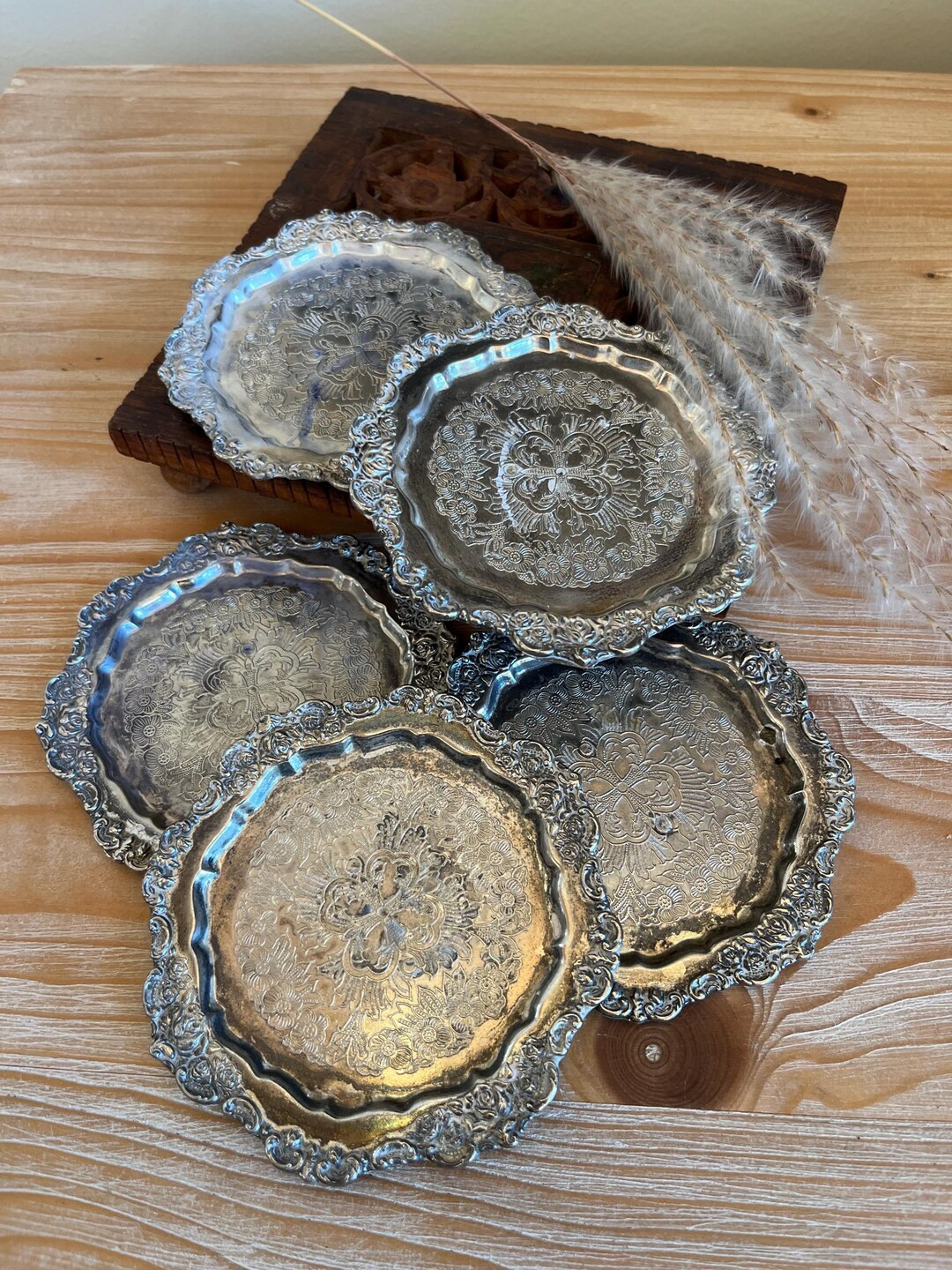 Vintage silver plated coaster set | set of five | Etsy (US)