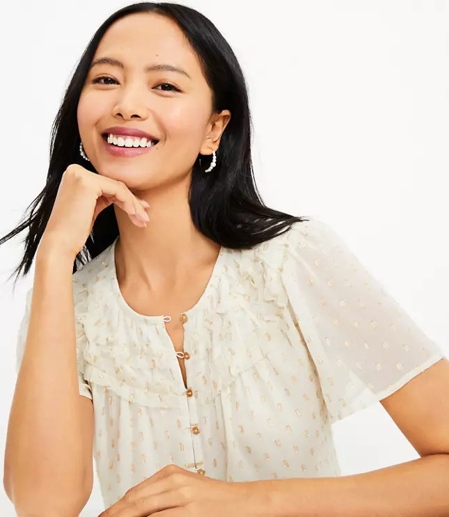Shimmer Clip Ruffle Yoke Top | LOFT