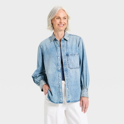 Women's Embroidered Denim Shirt - Universal Thread™ Medium Wash M | Target