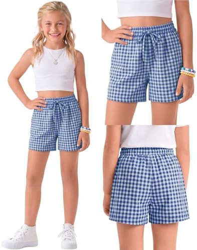 Oakgarden Girls Plaid Shorts Gingham Boxer Casual Elastic Waist Wide Leg Short Pant Loose Fit Sum... | Amazon (US)