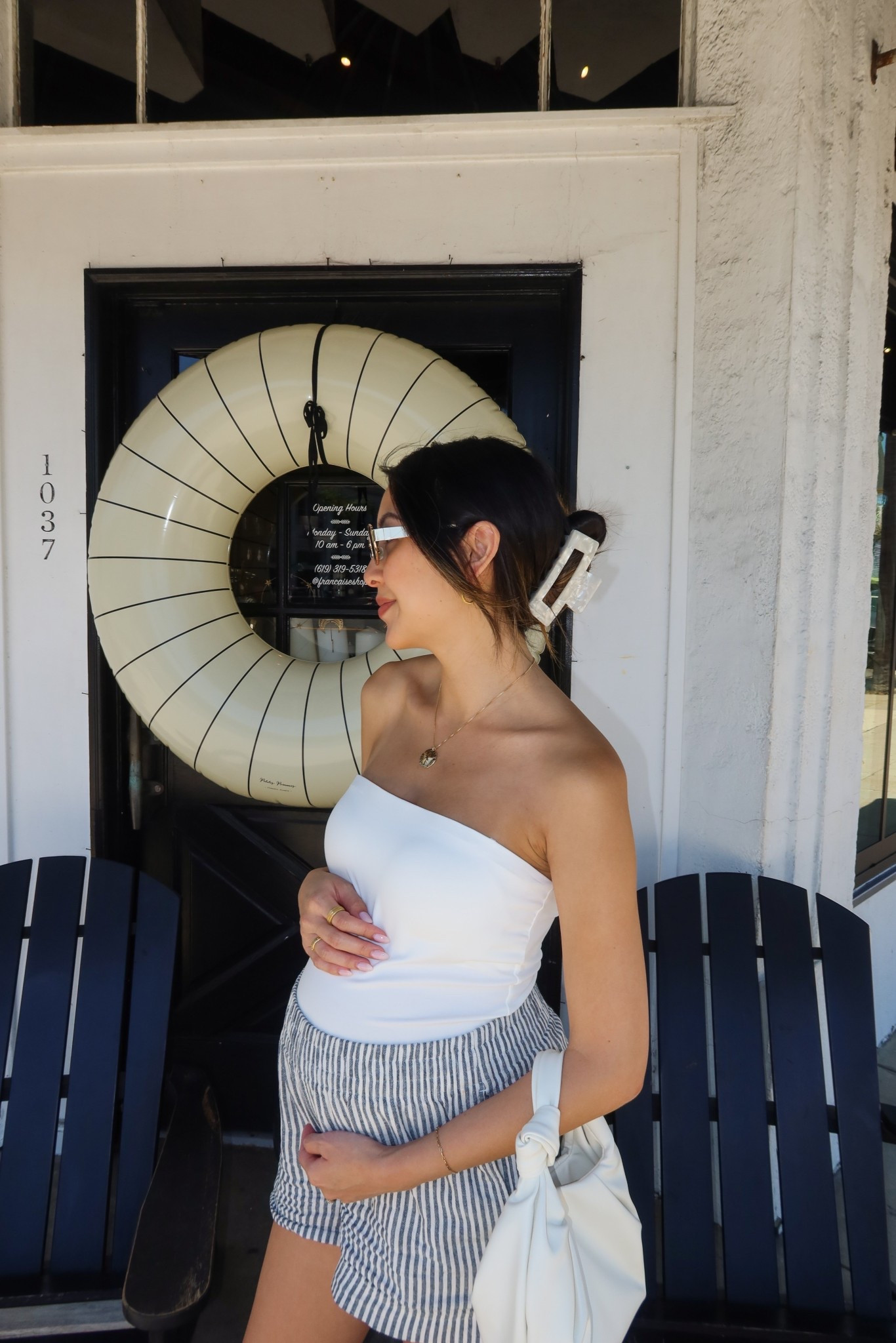 Summer pregnancy outfit | white tube top, blue striped shorts

#LTKBump #LTKSeasonal #LTKFindsUnder50