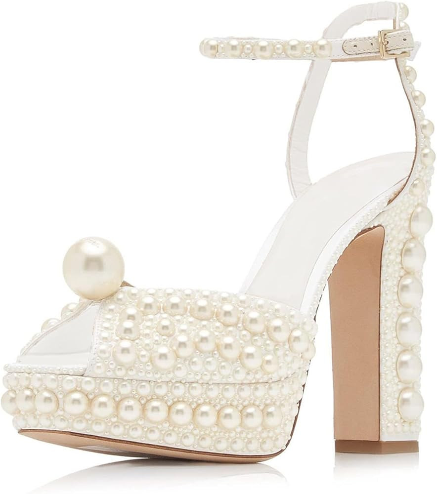 Goolita Womens Open Toe Pearl Platform Heels For Women Chunky Buckle Ankle Strap Wedding Heeled S... | Amazon (US)