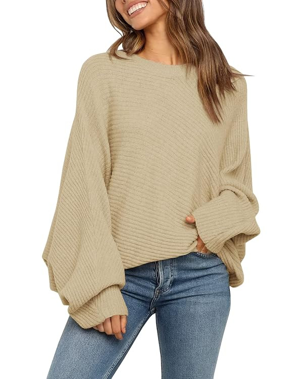 Mafulus Women's Oversized Crewneck Sweater Batwing Puff Long Sleeve Cable Slouchy Pullover Jumper... | Amazon (US)