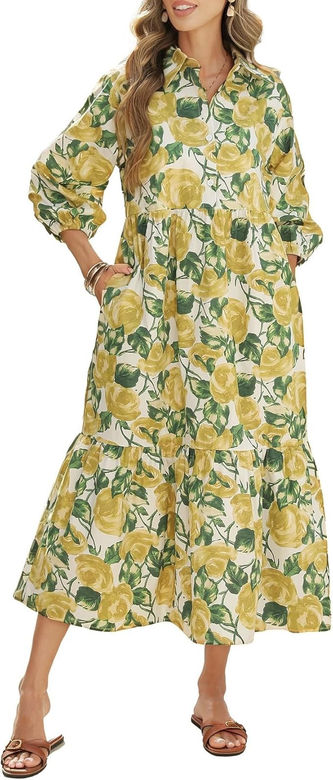 Floral Midi Dress for Women 3/4 Sleeve Cotton Button Up Collared Shirt Dress Flowy Ruffle Hem Spr... | Amazon (US)